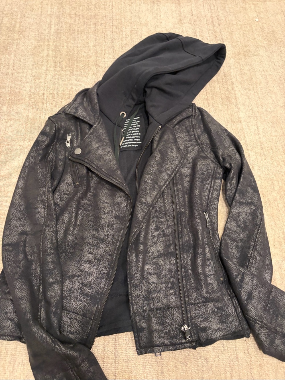 Butter Black Textured Faux-Leather Hooded Moto Jacket